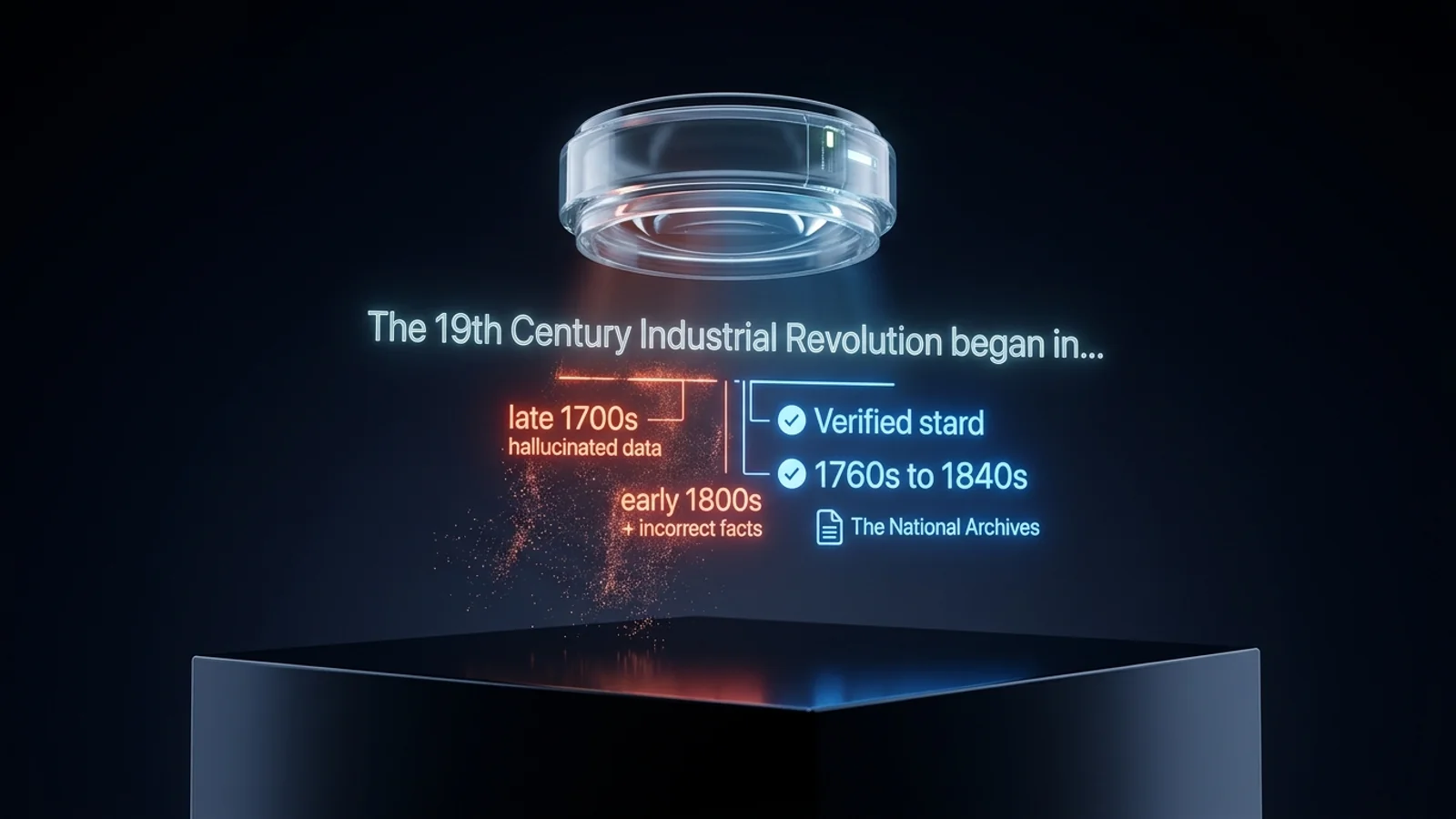 A magnifying lens traces a blue citation path from source documents to an answer bubble.