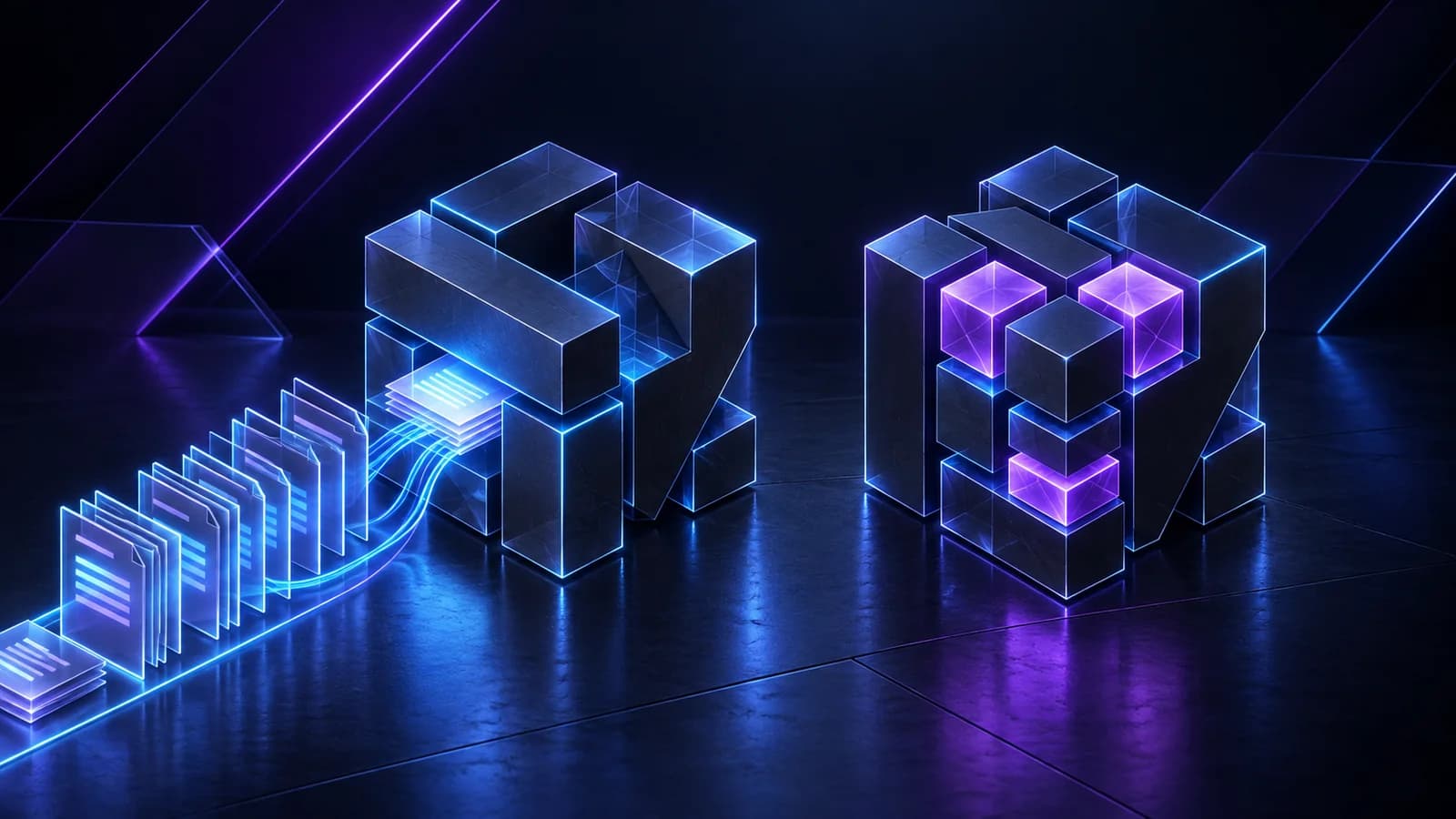 3D editorial illustration comparing RAG architecture versus model fine-tuning