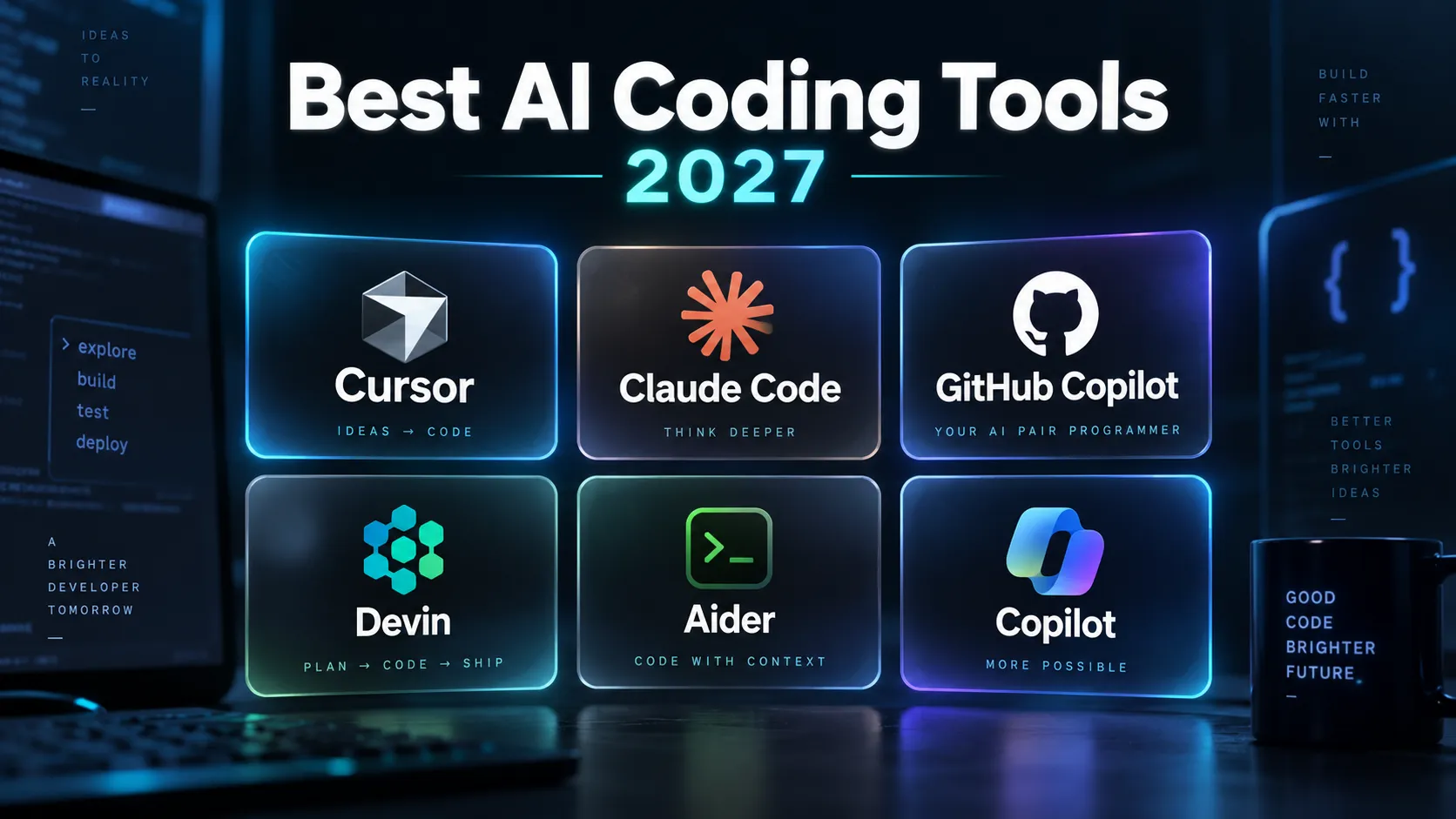 Dark navy editorial thumbnail for Best AI Coding Tools 2027 featuring text logos for Cursor, Claude Code, GitHub Copilot, Devin, and Aider