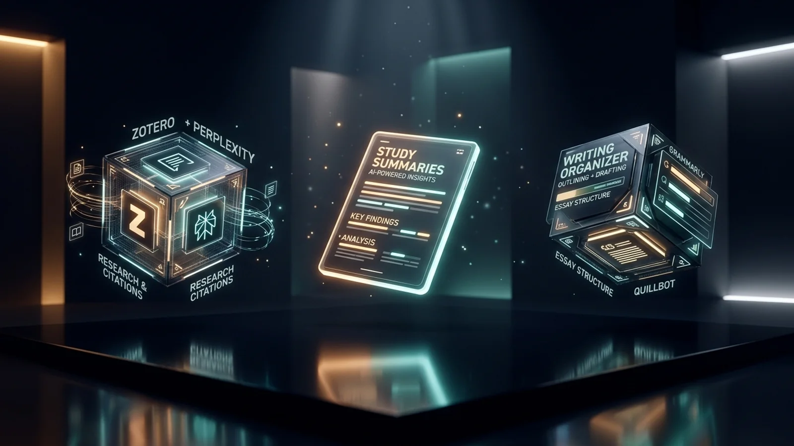 3D editorial illustration of AI tools for academic research, writing, and studying