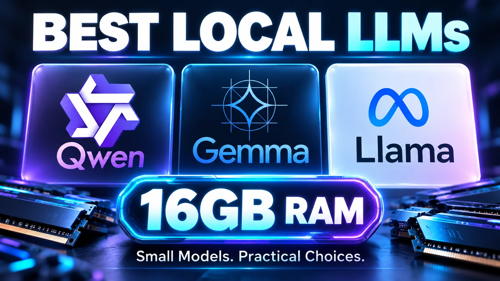 Best local LLMs for 16GB RAM featuring Qwen, Gemma, and Llama model logos above computer memory hardware