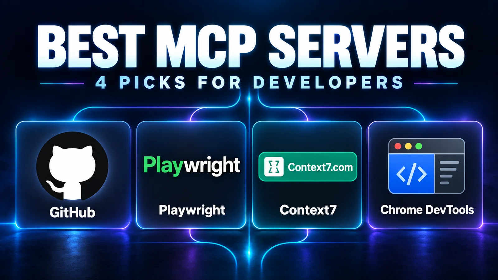 Best MCP servers for developers showing GitHub, Playwright, Context7, and Chrome DevTools connected by glowing data paths
