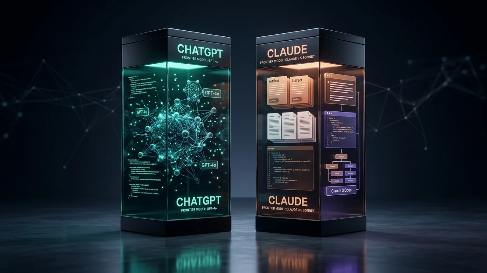 3D editorial illustration of ChatGPT and Claude frontier AI models as illuminated obsidian pillars