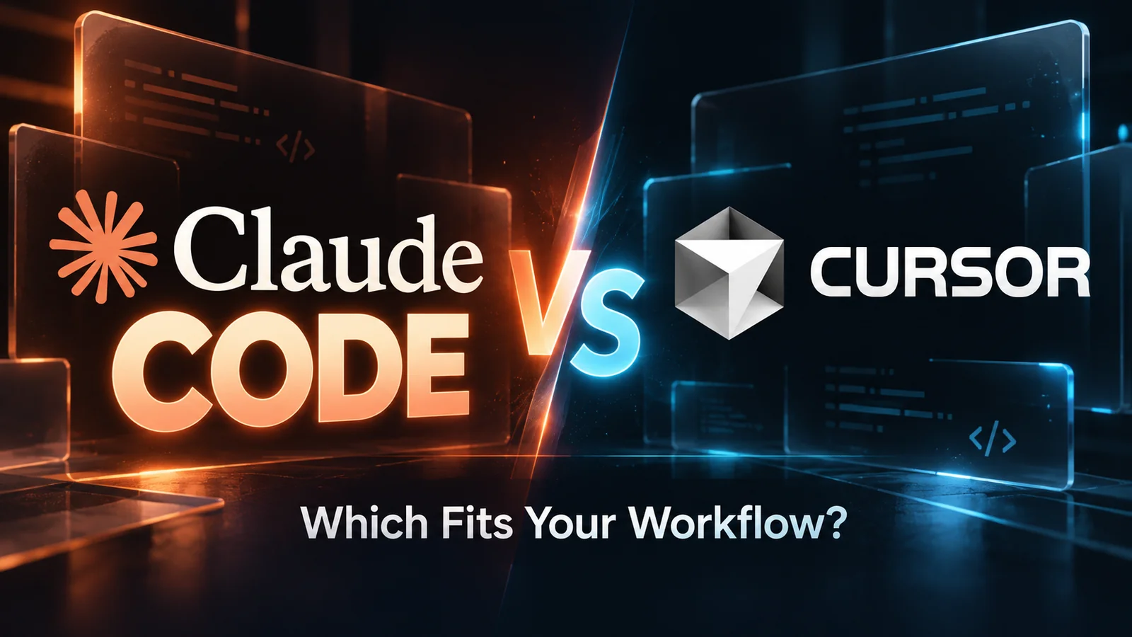 Claude Code vs Cursor comparison showing Claude and Cursor logos on illuminated glass panels