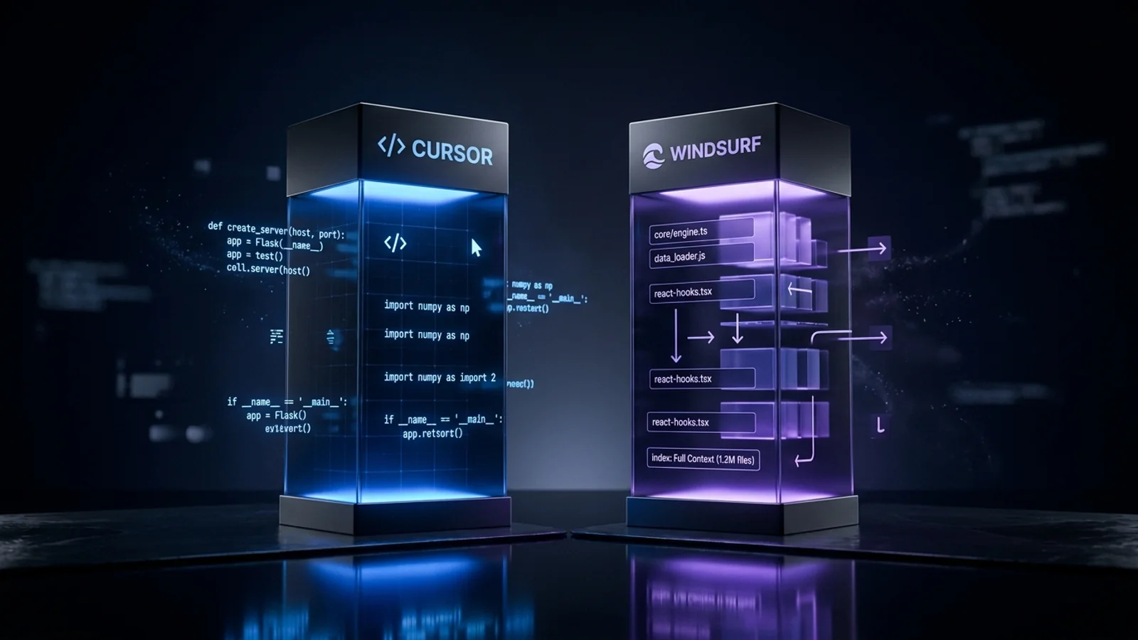 3D editorial illustration of Cursor and Windsurf AI code editors as illuminated dark pillars