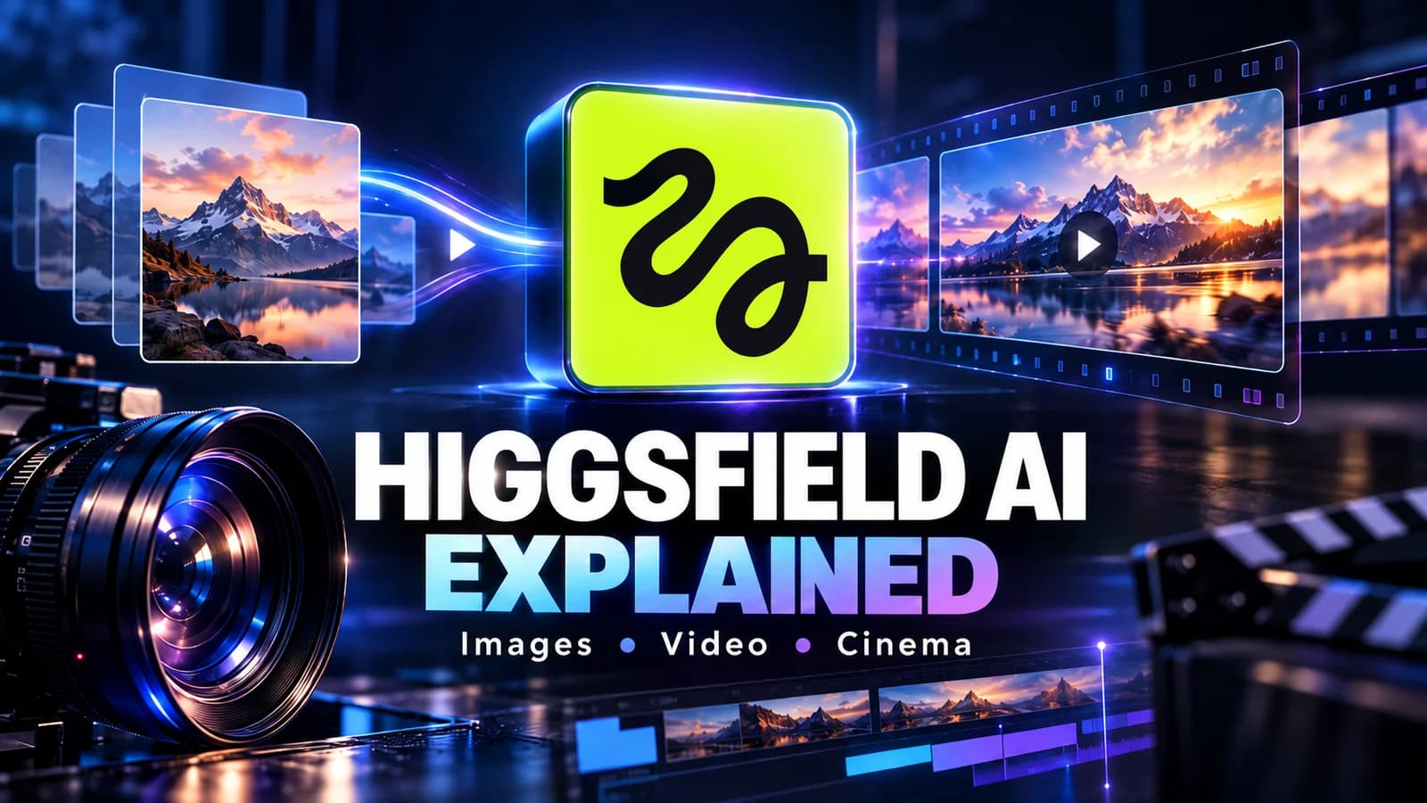 Higgsfield AI Explained editorial cover showing the neon green Higgsfield logo cube between images and film strips with camera lens and headline Images, Video, Cinema