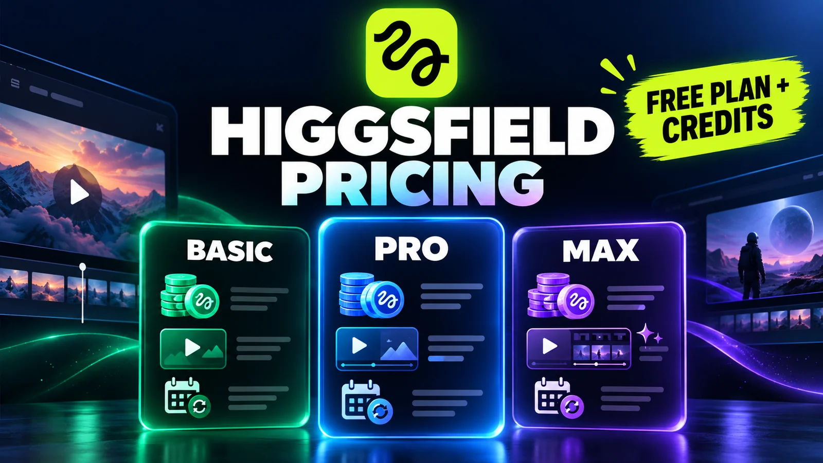Higgsfield Pricing editorial cover showing Basic, Pro, and Max subscription cards with coins, credit icons, and Free Plan badge