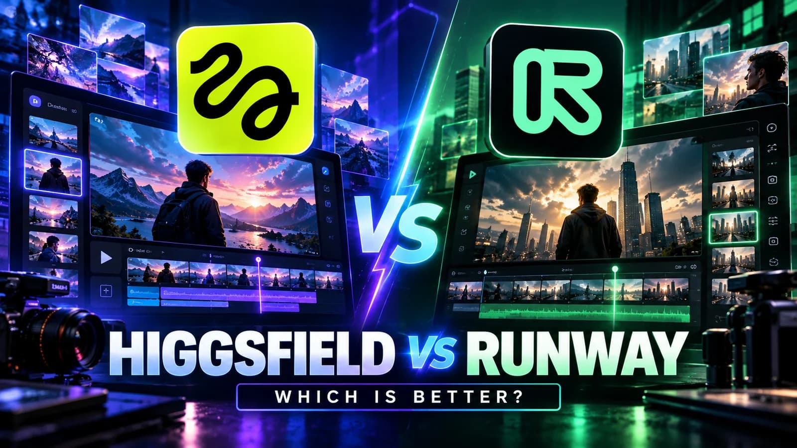 Higgsfield vs Runway comparison cover showing the Higgsfield and Runway logos facing off across editing interfaces with headline Which Is Better?