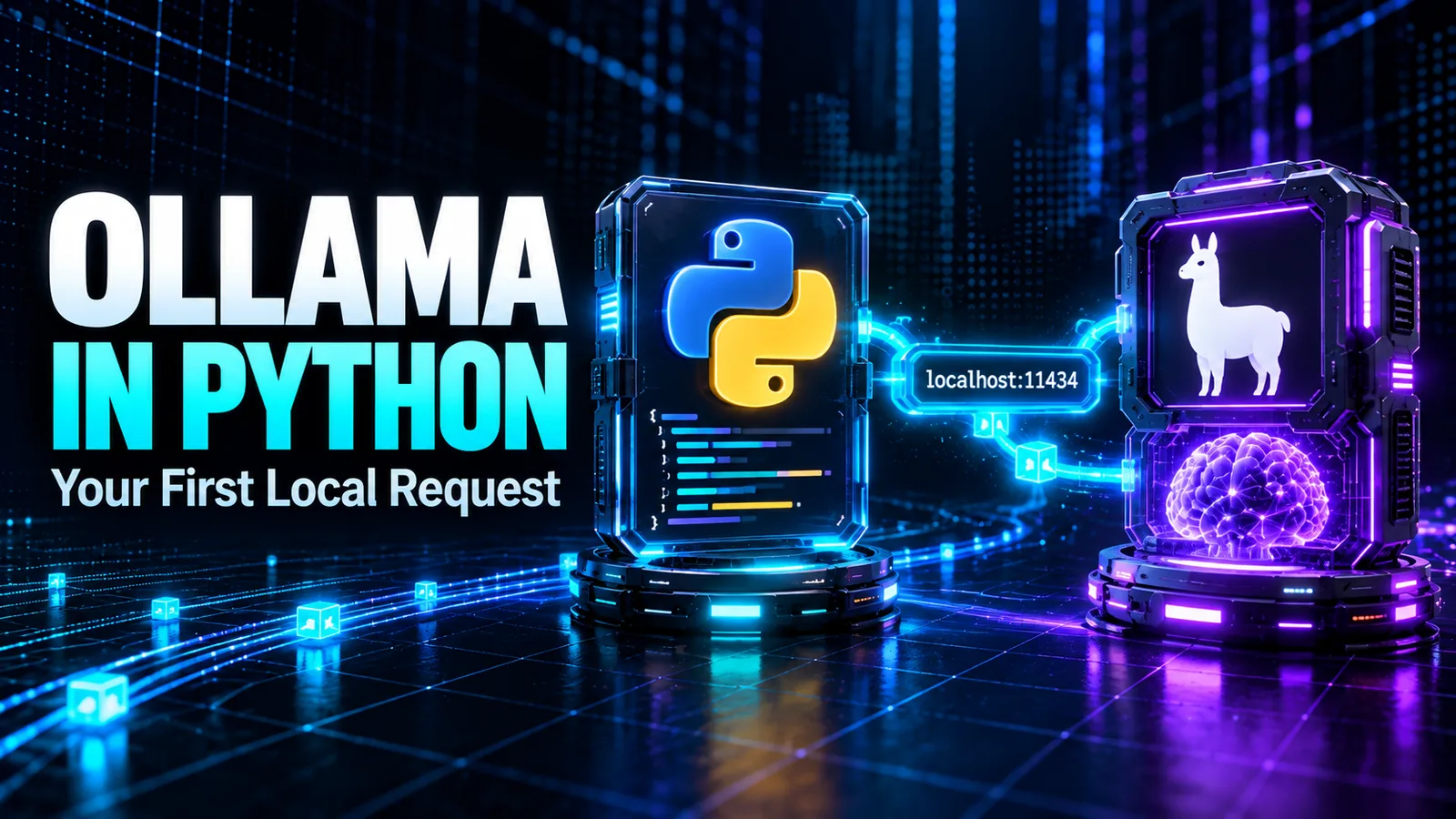 Ollama in Python cover with Python and llama symbols connected through localhost:11434.