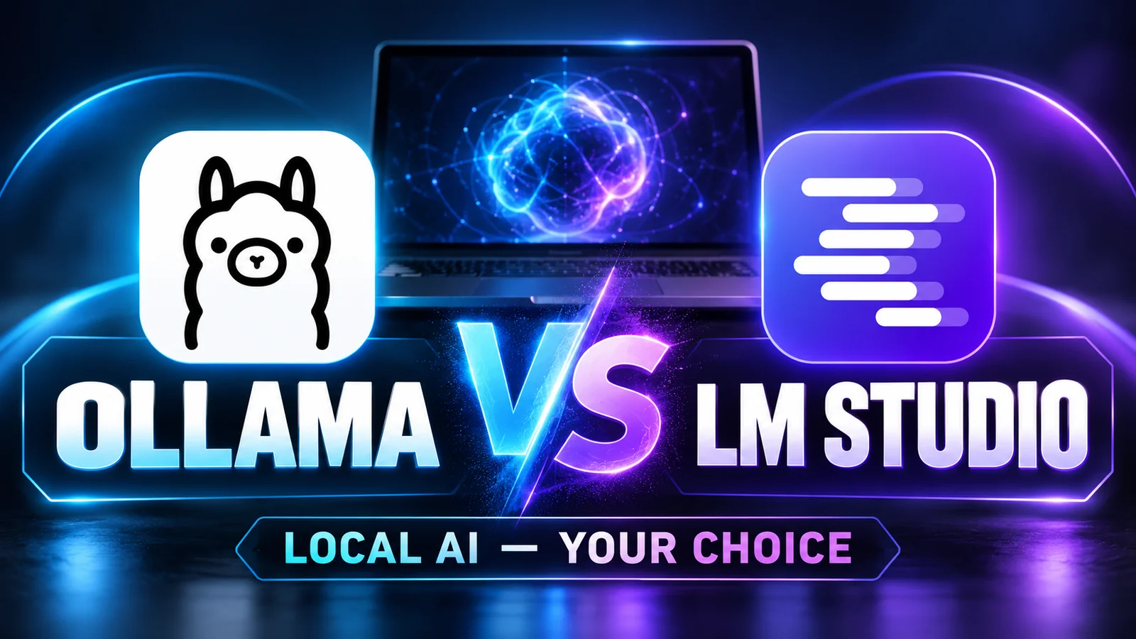 Ollama vs LM Studio local AI app comparison showing Ollama and LM Studio icons beside a laptop