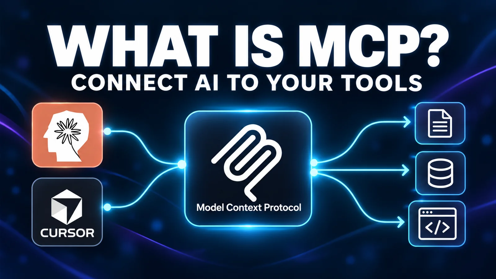 Diagram illustrating What is MCP showing AI models connecting through Model Context Protocol to documents, databases, and development tools